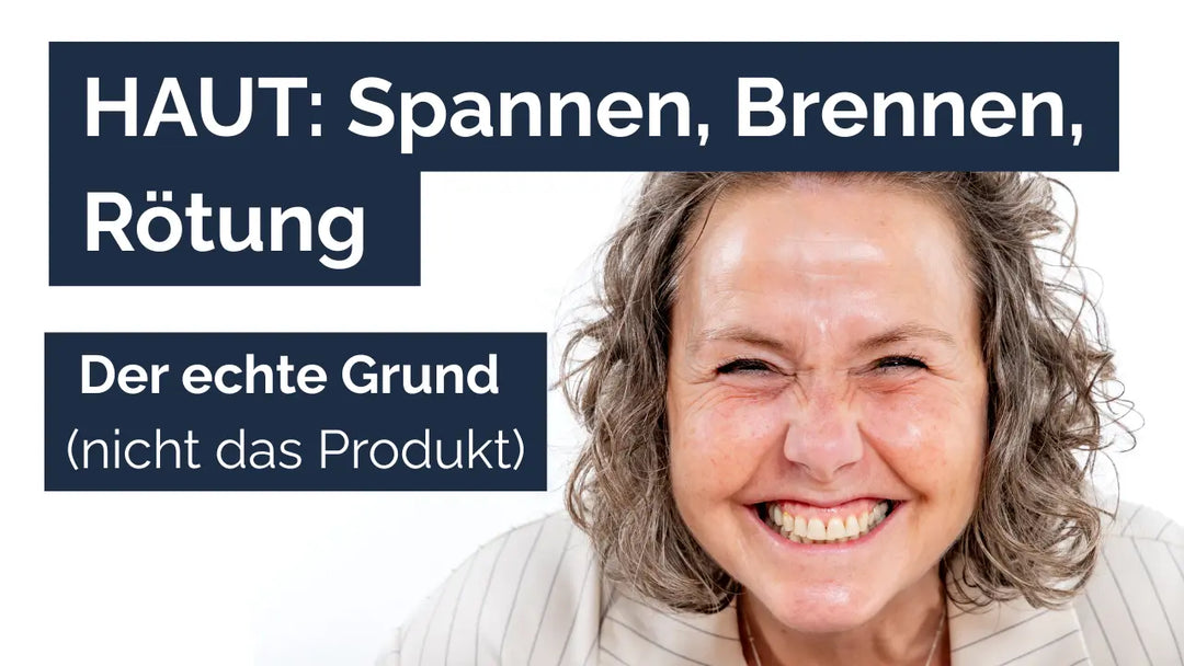 HAUT: Spannen, Brennen, Rötung‘ und ‚Der echte Grund (nicht das Produkt)‘ neben einem Close-up einer lächelnden Frau auf weißem Hintergrund