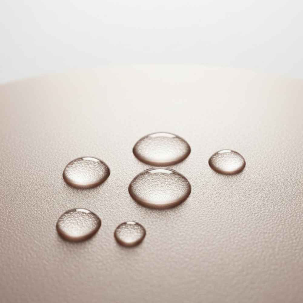 Makro-Nahaufnahme Lotus-Effekt auf Haut: Ein Pflegetropfen perlt an der Oberfläche ab, anstatt einzuziehen – Symbolbild für verhornte Hautbarriere und raues Hautgefühl.