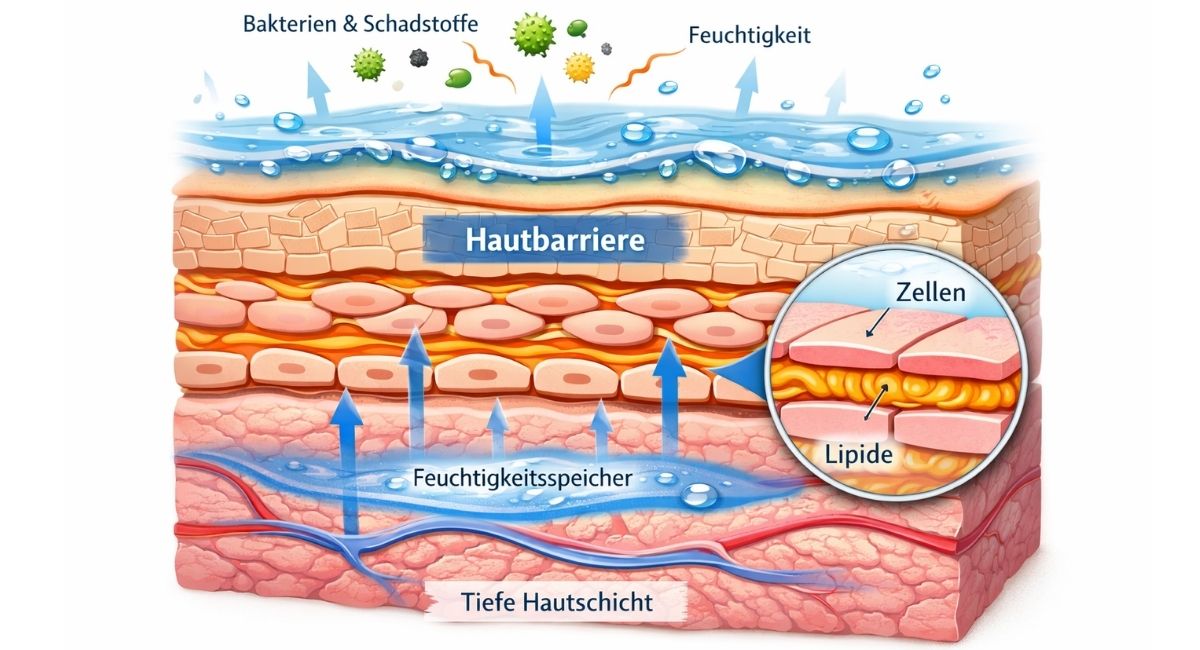 Diagramm der Haut im Querschnitt: Oben die Hautoberfläche mit Wasser und darüber Bakterien/Schadstoffe, darunter die Hautbarriere mit blockartig angeordneten Zellen und dazwischen Lipiden. Pfeile zeigen Feuchtigkeit, die aus tieferen Schichten nach oben wandert. Eine Lupe hebt Zellen und Lipide hervor.